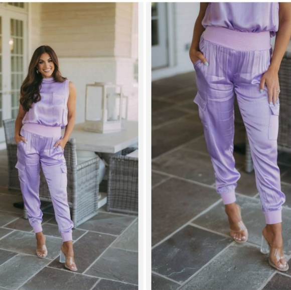 Fate Pants - Fate satin light purple tank top jogger set size medium/large